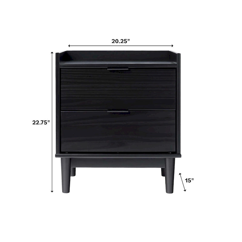 Comodino in legno massello di pino Mid-Century con 2 cassetti e piano con bordo rialzato
