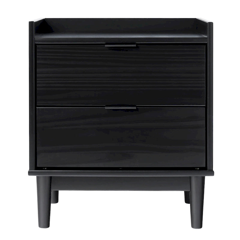 Comodino in legno massello di pino Mid-Century con 2 cassetti e piano con bordo rialzato
