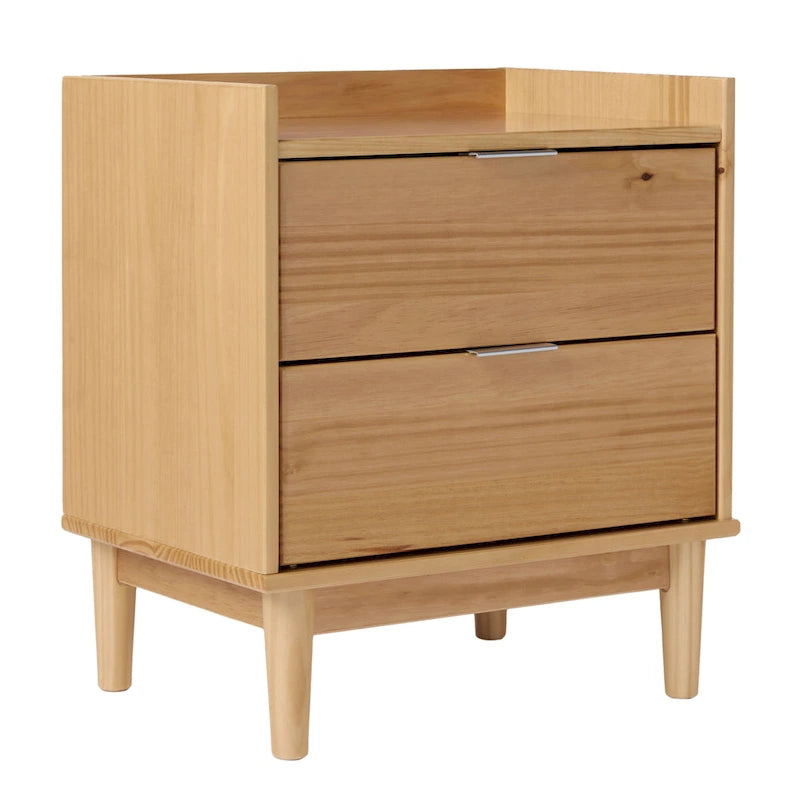 Comodino in legno massello di pino Mid-Century con 2 cassetti e piano con bordo rialzato