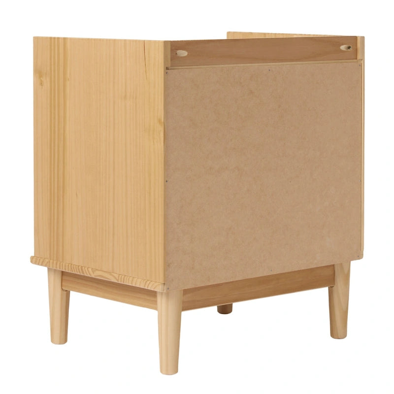 Comodino in legno massello di pino Mid-Century con 2 cassetti e piano con bordo rialzato