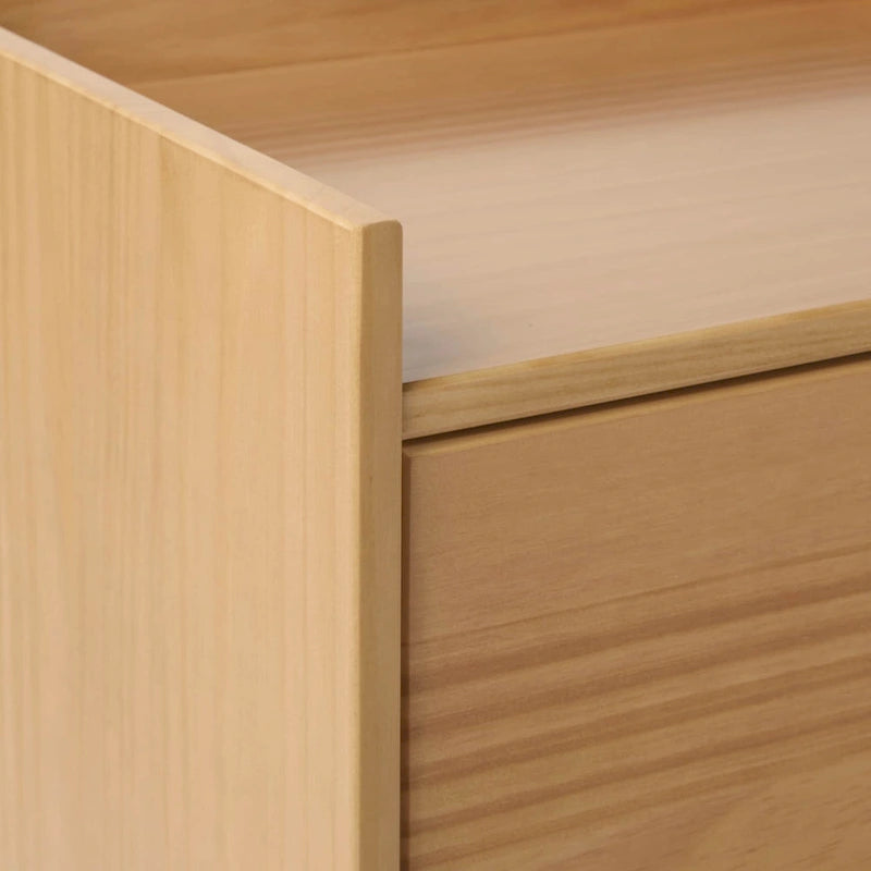 Comodino in legno massello di pino Mid-Century con 2 cassetti e piano con bordo rialzato
