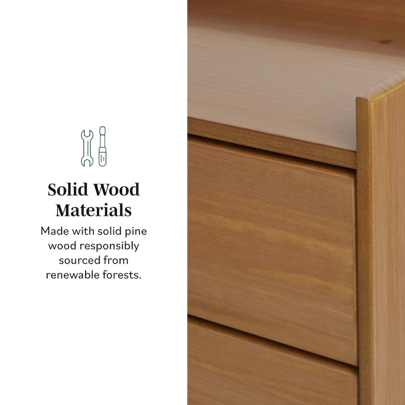 Comodino in legno massello di pino Mid-Century con 2 cassetti e piano con bordo rialzato