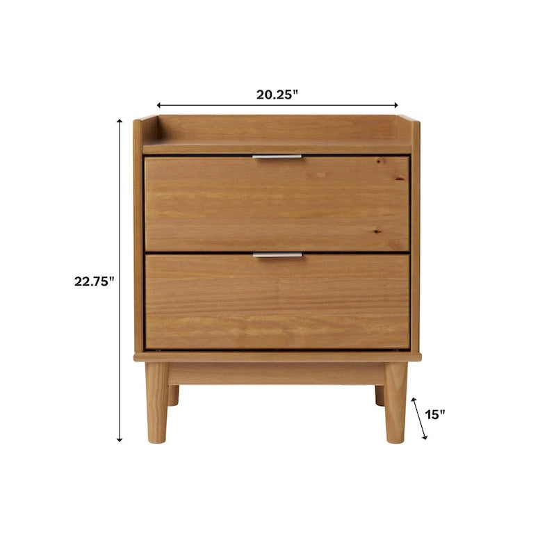 Comodino in legno massello di pino Mid-Century con 2 cassetti e piano con bordo rialzato