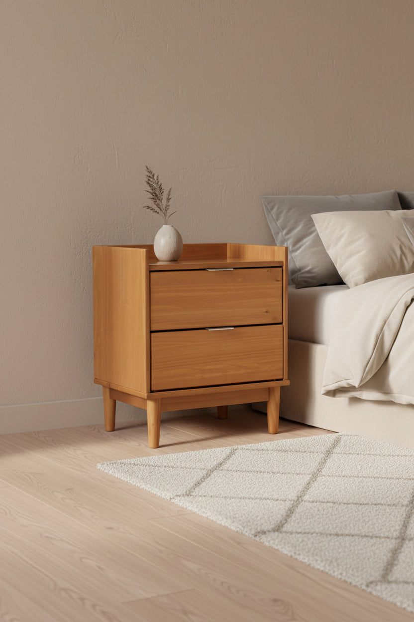 Comodino in legno massello di pino Mid-Century con 2 cassetti e piano con bordo rialzato