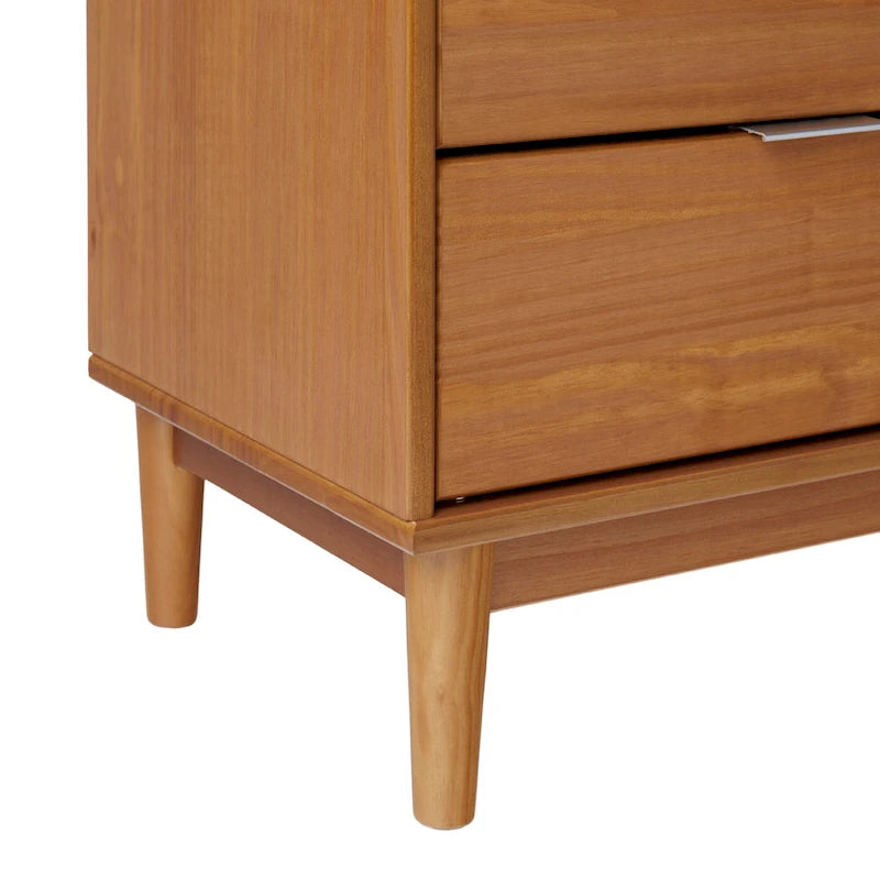 Comodino in legno massello di pino Mid-Century con 2 cassetti e piano con bordo rialzato