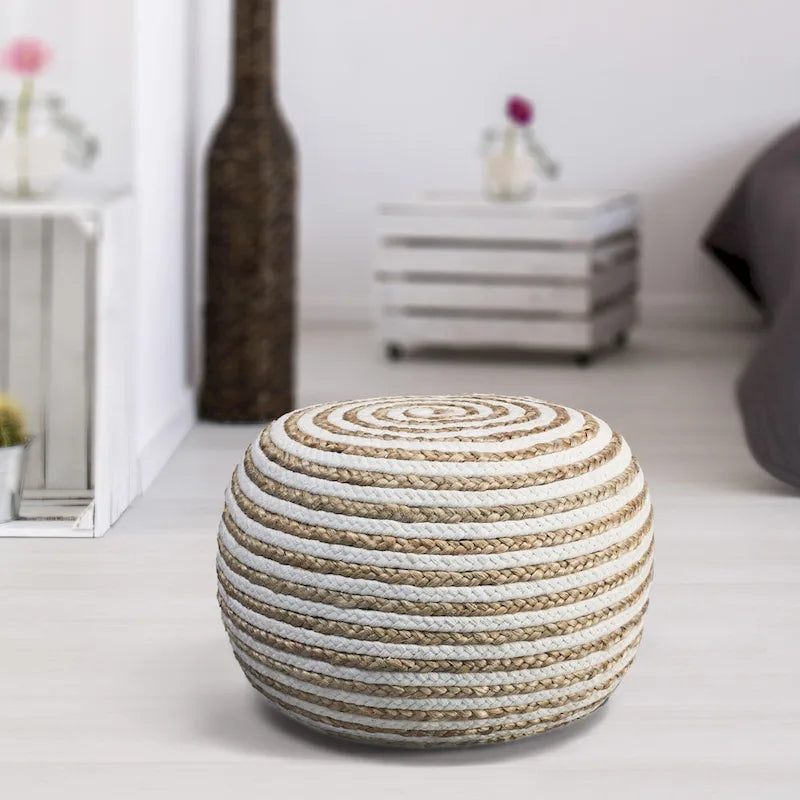 Pouf Ottomano Rotondo in Juta Lavorato a Mano - Bianco e Naturale, 50 cm