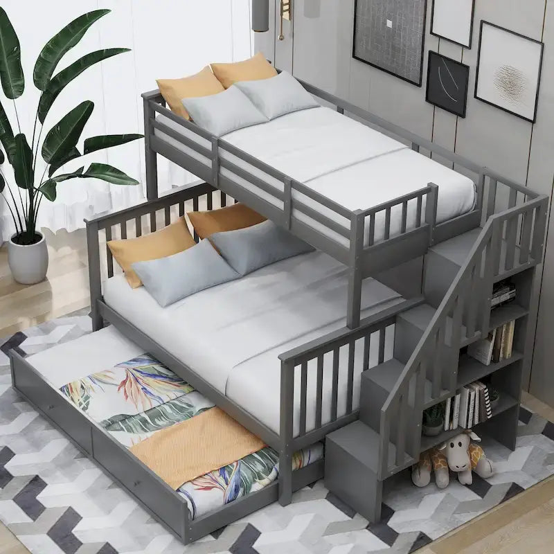 Letto a castello singolo sopra piazza e mezza con letto estraibile, scala contenitore e sponda di protezione - Bianco