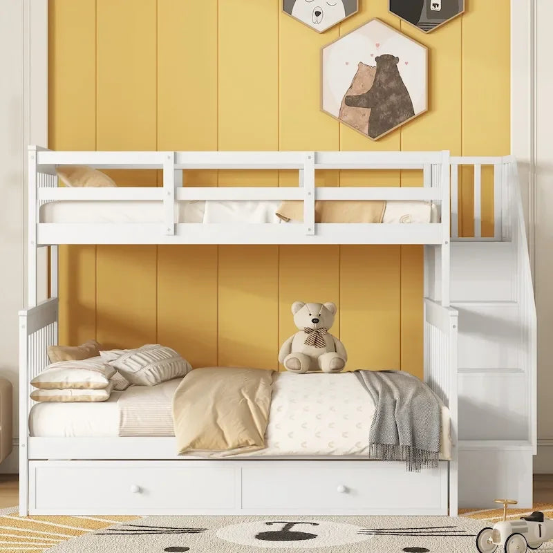 Letto a castello singolo sopra piazza e mezza con letto estraibile, scala contenitore e sponda di protezione - Bianco