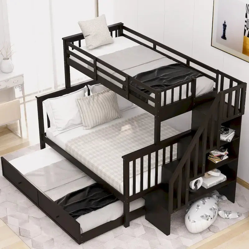 Letto a castello singolo sopra piazza e mezza con letto estraibile, scala contenitore e sponda di protezione - Bianco