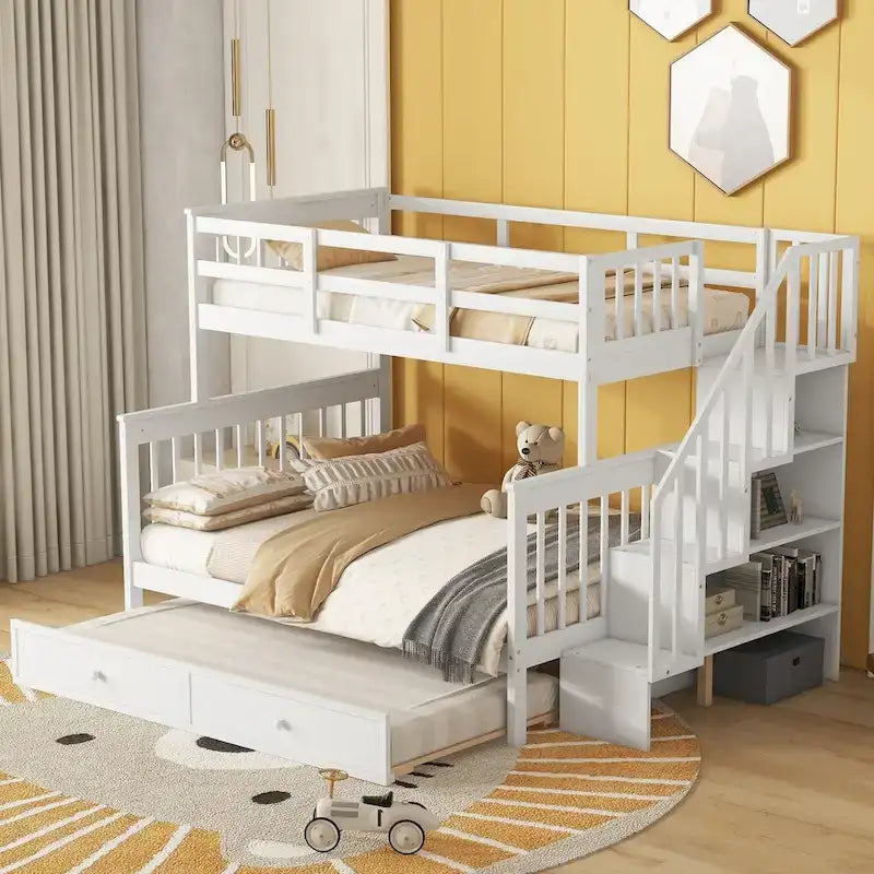 Letto a castello singolo sopra piazza e mezza con letto estraibile, scala contenitore e sponda di protezione - Bianco
