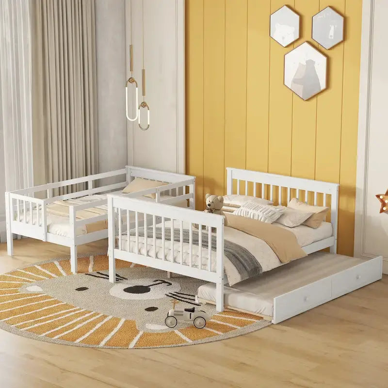 Letto a castello singolo sopra piazza e mezza con letto estraibile, scala contenitore e sponda di protezione - Bianco