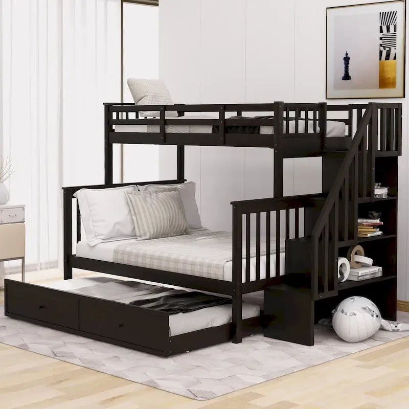 Letto a castello singolo sopra piazza e mezza con letto estraibile, scala contenitore e sponda di protezione - Bianco
