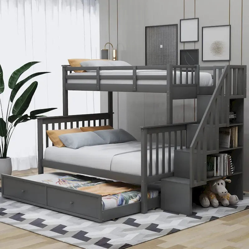 Letto a castello singolo sopra piazza e mezza con letto estraibile, scala contenitore e sponda di protezione - Bianco