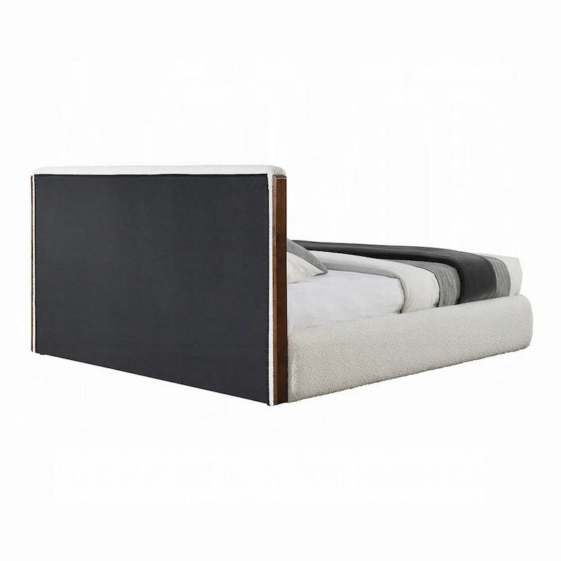 Letto Queen Size con Rivestimento in Bouclé Bianco e Struttura in Legno di Noce