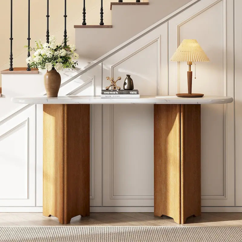 Consolle con piano in finto marmo e base in legno - 53,9L