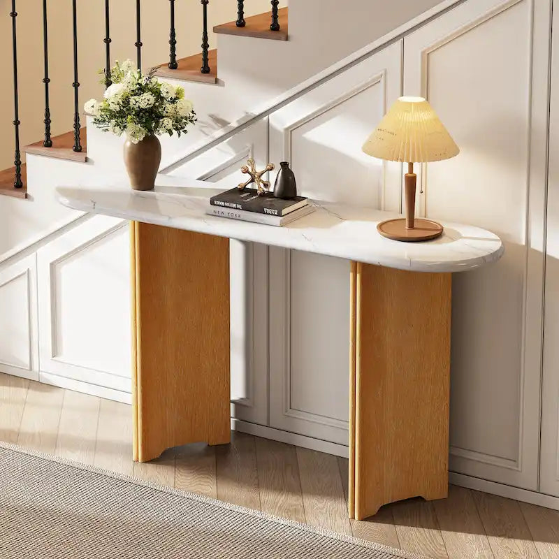 Consolle con piano in finto marmo e base in legno - 53,9L