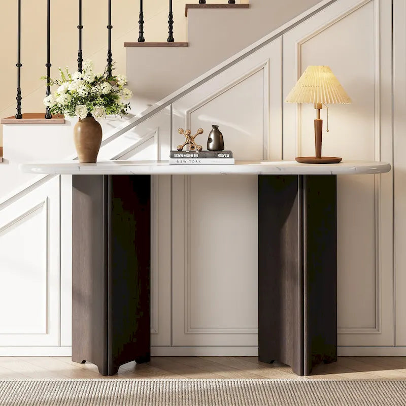 Consolle con piano in finto marmo e base in legno - 53,9L