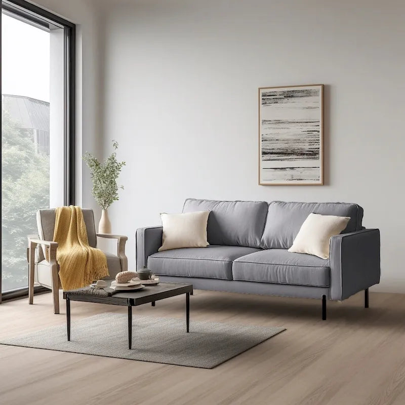 Divano moderno in lino con braccioli quadrati e gambe in metallo - 70W