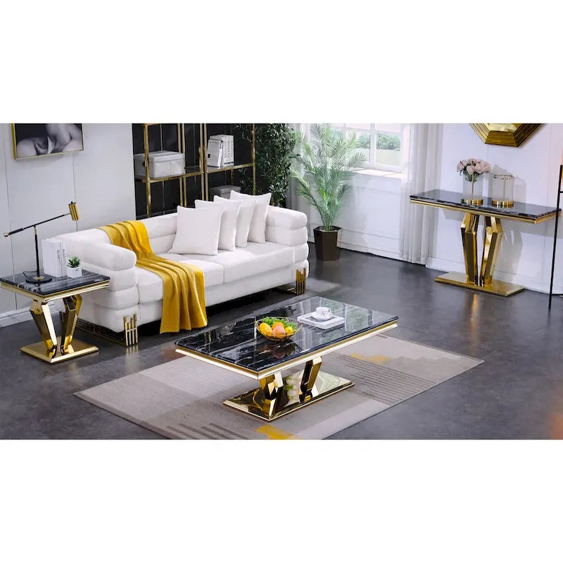 Tavolino rettangolare con piano in finto marmo e base in acciaio inossidabile - 48W
