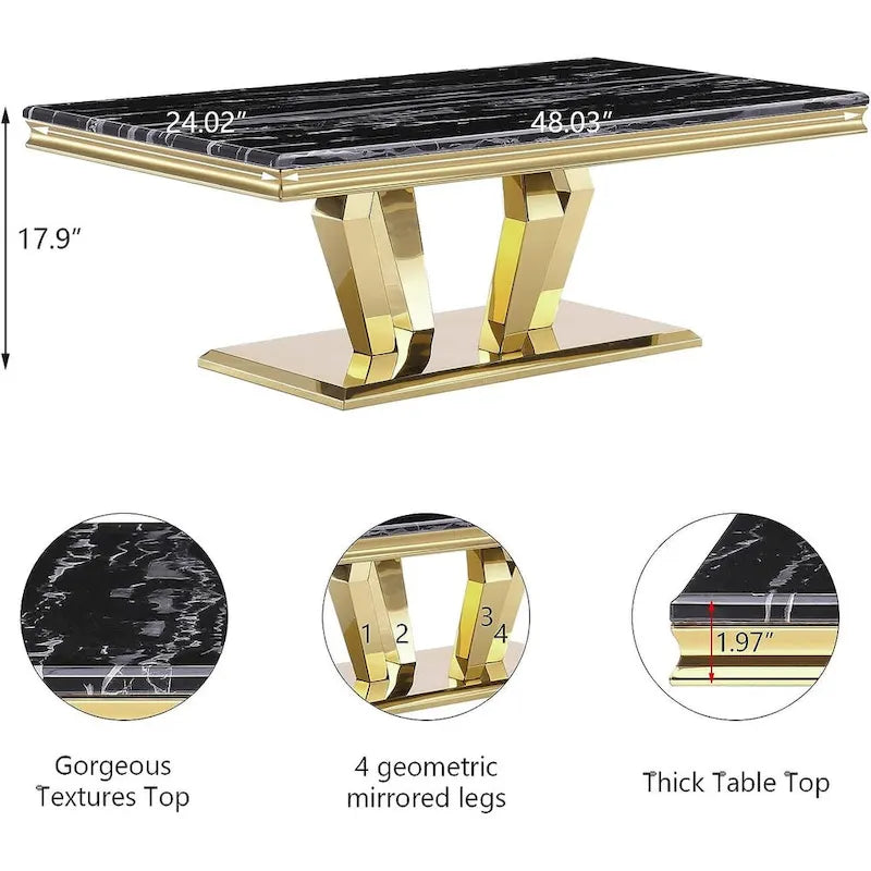 Tavolino rettangolare con piano in finto marmo e base in acciaio inossidabile - 48W