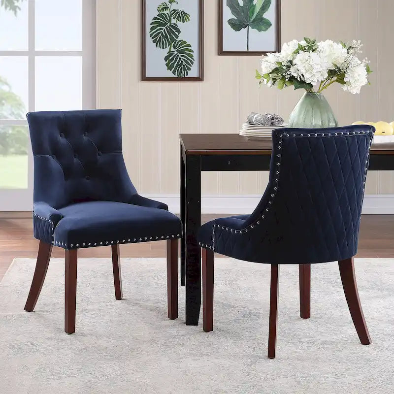 Sedie da pranzo in velluto trapuntato con gambe in legno - Set da 2