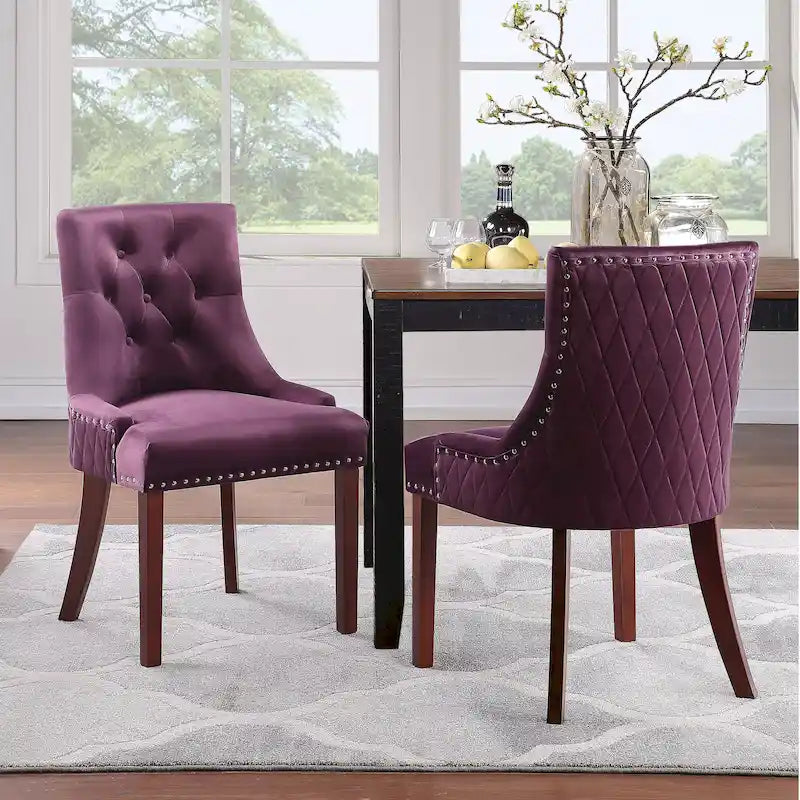 Sedie da pranzo in velluto trapuntato con gambe in legno - Set da 2