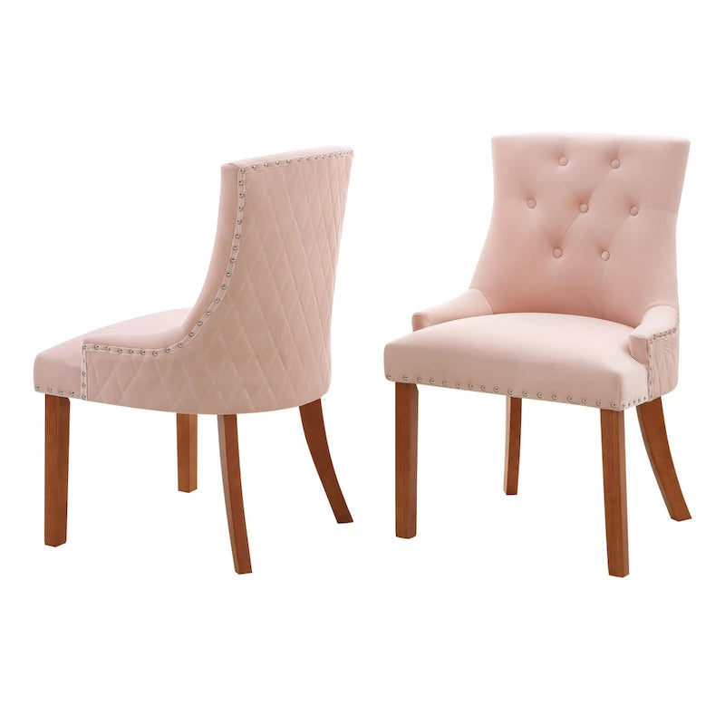 Sedie da pranzo in velluto trapuntato con gambe in legno - Set da 2