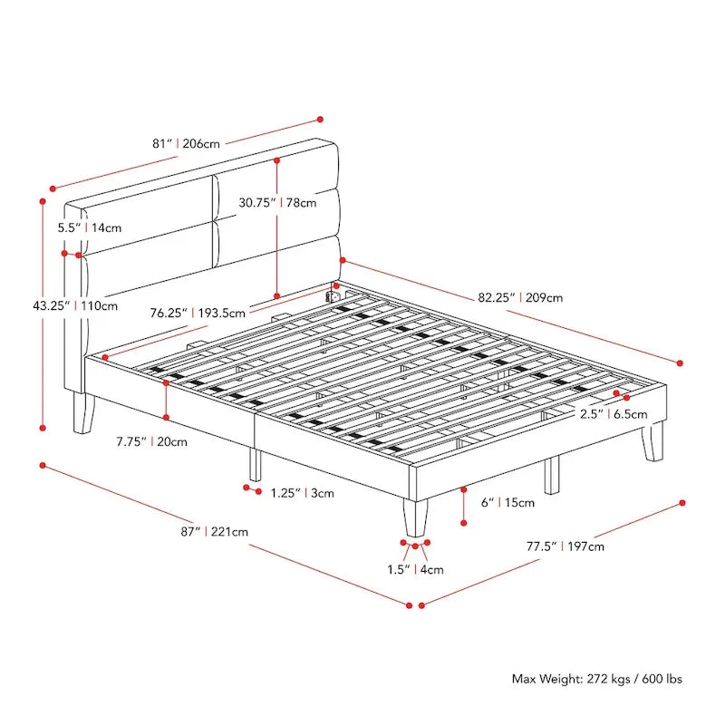 Letto imbottito con pannello grigio scuro - King Size