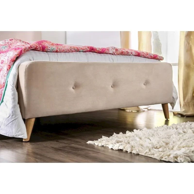 Letto queen in tessuto stile moderno di metà secolo con piattaforma e testiera capitonné