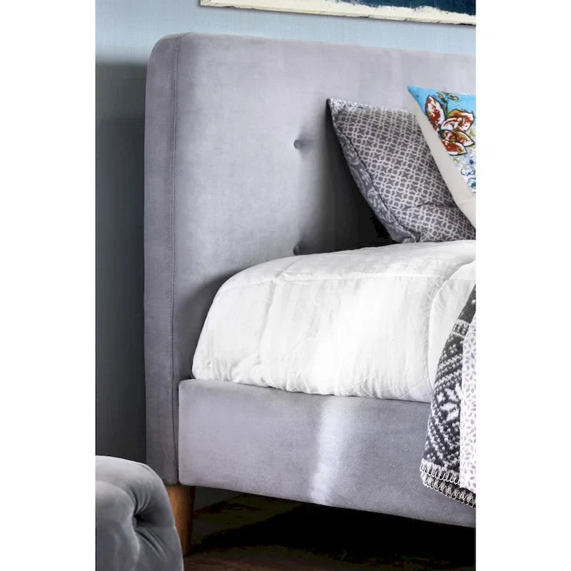 Letto queen in tessuto stile moderno di metà secolo con piattaforma e testiera capitonné