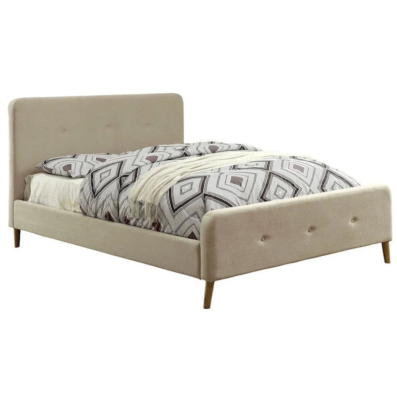 Letto queen in tessuto stile moderno di metà secolo con piattaforma e testiera capitonné