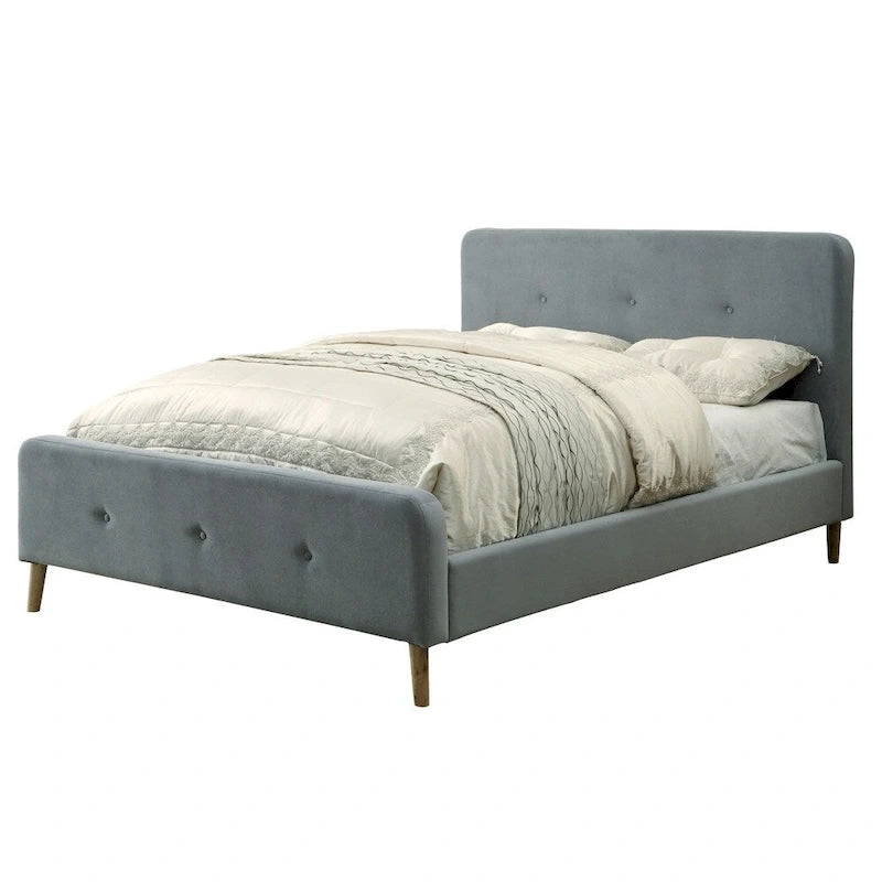 Letto queen in tessuto stile moderno di metà secolo con piattaforma e testiera capitonné