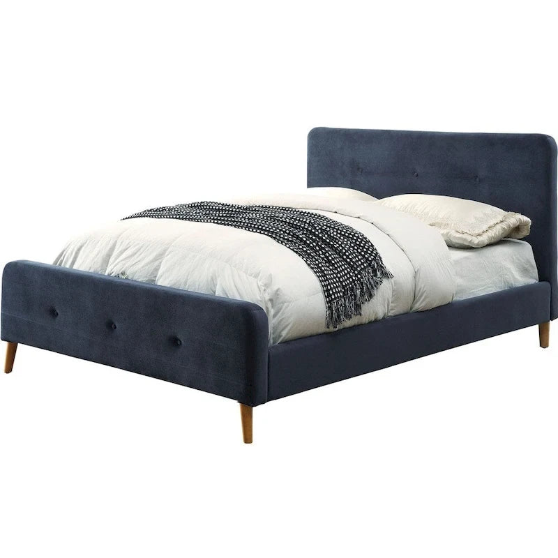 Letto queen in tessuto stile moderno di metà secolo con piattaforma e testiera capitonné