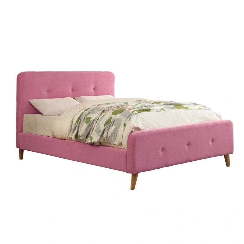 Letto queen in tessuto stile moderno di metà secolo con piattaforma e testiera capitonné