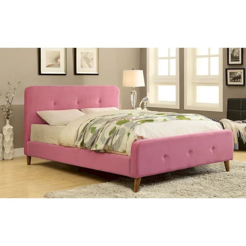 Letto queen in tessuto stile moderno di metà secolo con piattaforma e testiera capitonné