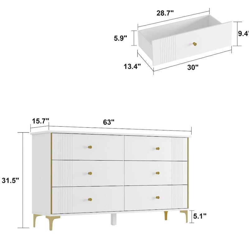 Comò a 6 cassetti bianco con maniglie dorate
