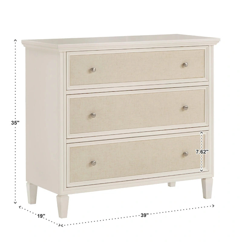 Comodino Bianco con Cassetti Rivestiti in Lino Beige - 3 Cassetti
