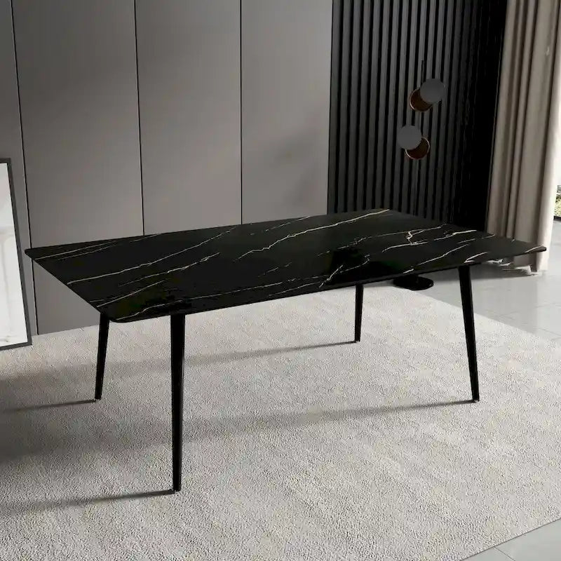 Tavolo da Pranzo Rettangolare con Piano in Pietra e Base in Acciaio al Carbonio - 70,8W