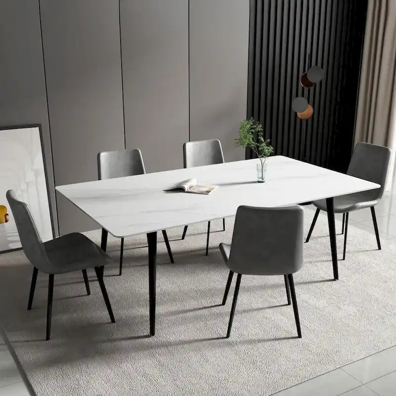 Tavolo da Pranzo Rettangolare con Piano in Pietra e Base in Acciaio al Carbonio - 70,8W