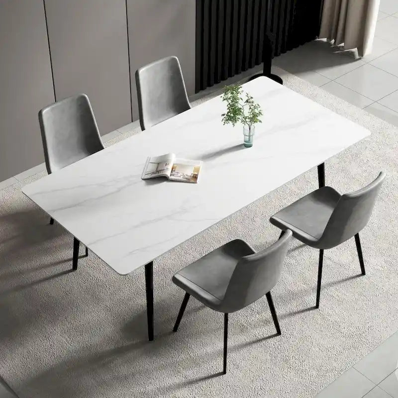 Tavolo da Pranzo Rettangolare con Piano in Pietra e Base in Acciaio al Carbonio - 70,8W