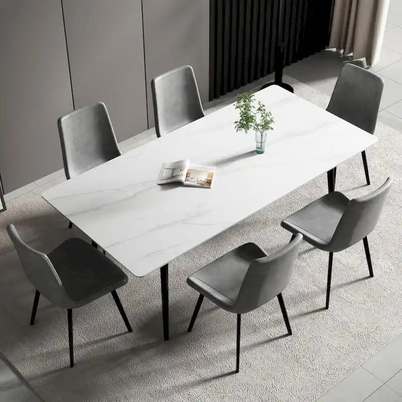 Tavolo da Pranzo Rettangolare con Piano in Pietra e Base in Acciaio al Carbonio - 70,8W