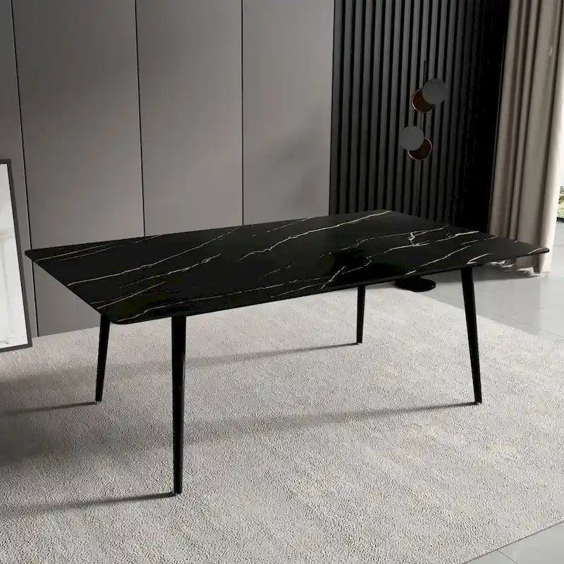 Tavolo da Pranzo Rettangolare con Piano in Pietra e Base in Acciaio al Carbonio - 70,8W