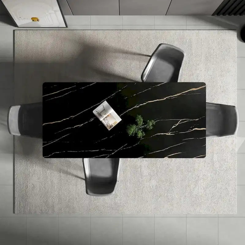Tavolo da Pranzo Rettangolare con Piano in Pietra e Base in Acciaio al Carbonio - 70,8W