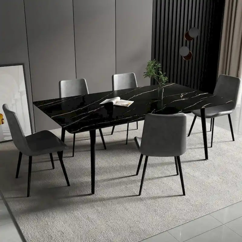Tavolo da Pranzo Rettangolare con Piano in Pietra e Base in Acciaio al Carbonio - 70,8W