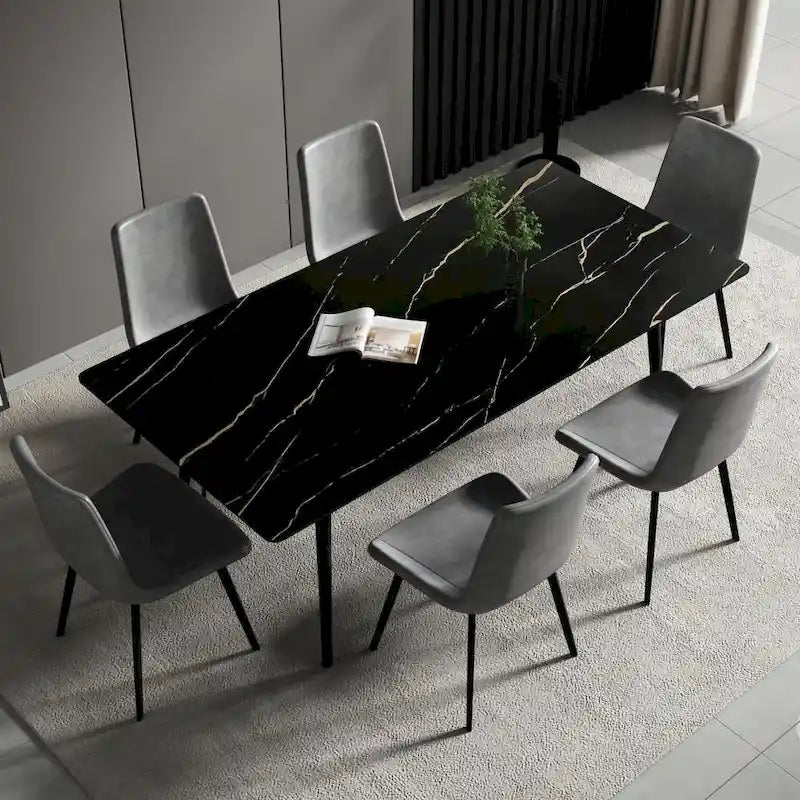 Tavolo da Pranzo Rettangolare con Piano in Pietra e Base in Acciaio al Carbonio - 70,8W