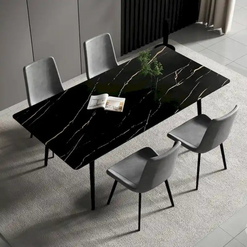 Tavolo da Pranzo Rettangolare con Piano in Pietra e Base in Acciaio al Carbonio - 70,8W