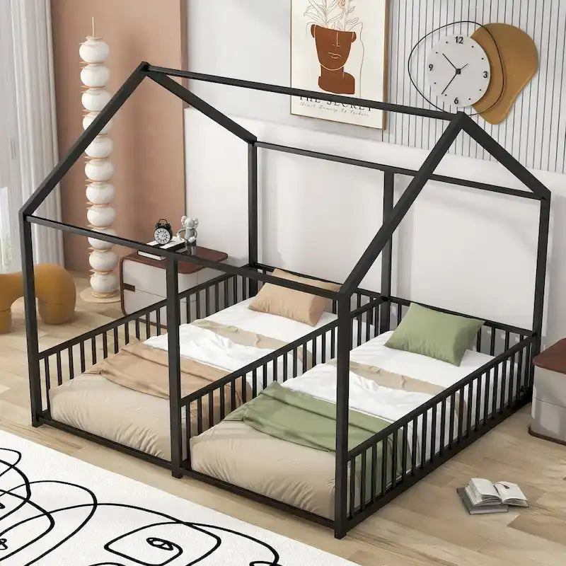 Piattaforma Letto Matrimoniale a Castello in Metallo per Due - Nero