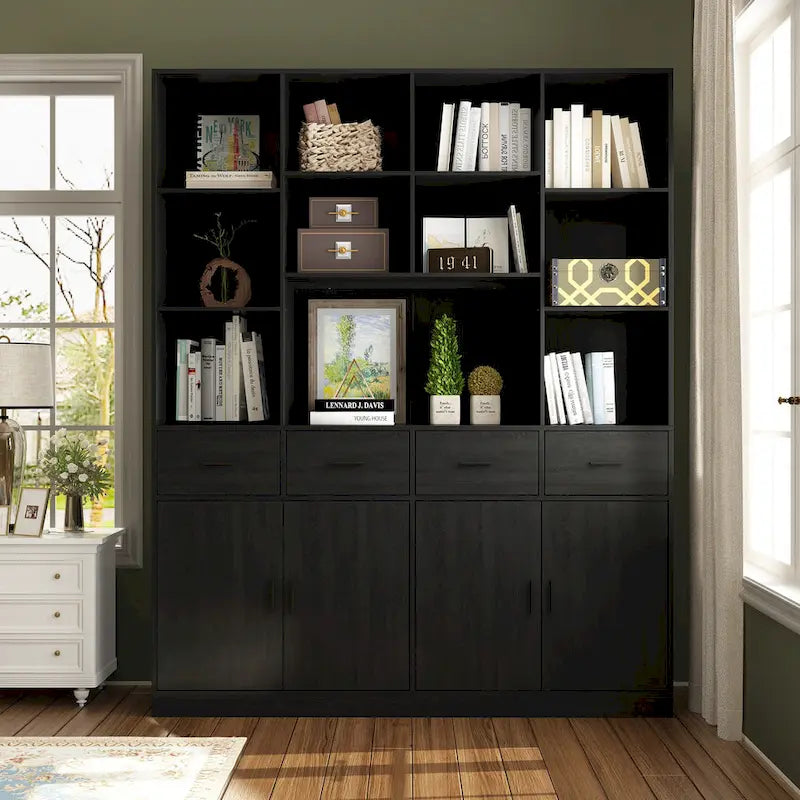 Bookshelf Bookcase with 4 Doors,4 Drawers & Storage Shelve,Black - 78.7H