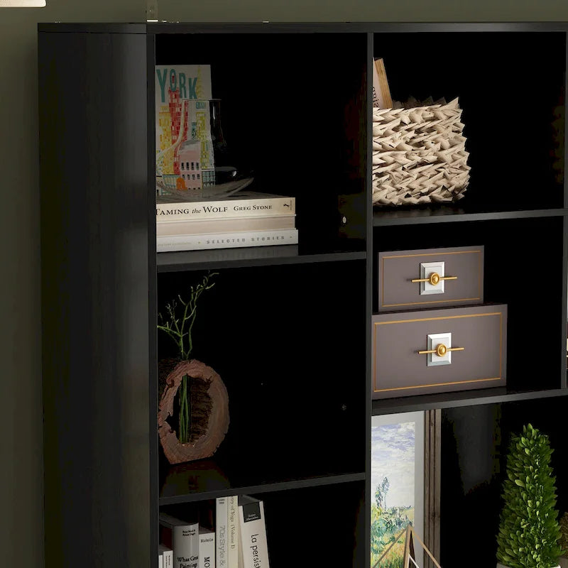 Libreria Nera con 4 Ante, 4 Cassetti e Ripiani Contenitori - 78,7A