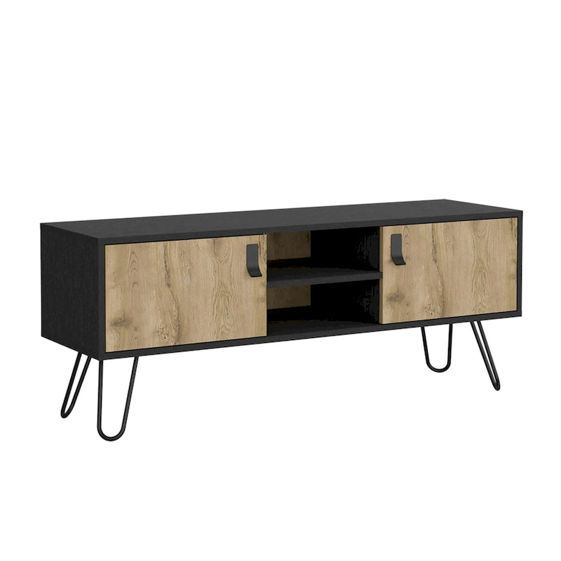 Szafka RTV z nóżkami hairpin, 2 drzwiczkami i otwartymi półkami – szer. 121 cm